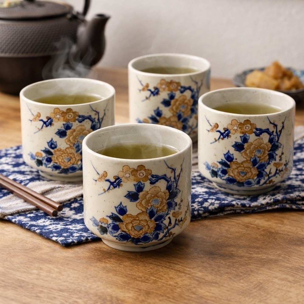 Japanese Ceramic Tea Cups Set of 4 Blue Orange‎ Floral Speckled Stoneware Yunomi